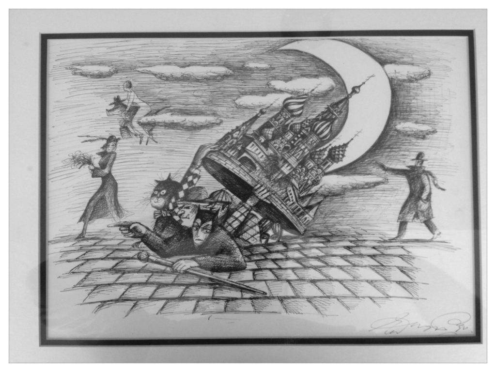 A black and white drawing: Satan and his retinue coming out from St. Basil's cathedral in moscow as if it was a manhole cover