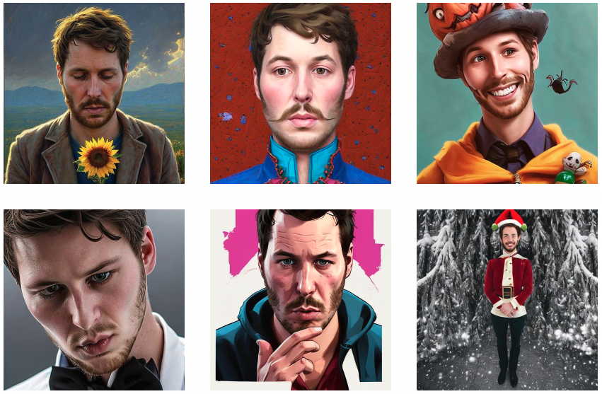 A gallery of six AI generated portraits of Roman Rey
